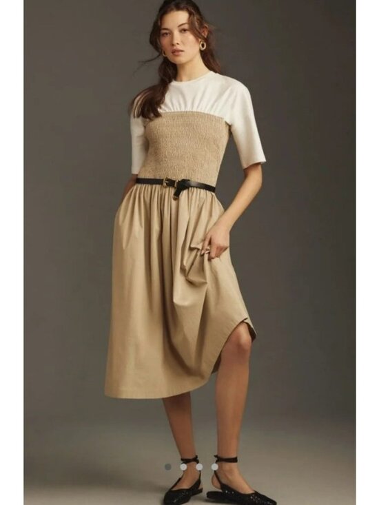 Anthropologie Dresses & Skirts - Maeve Anthropologie Tan White Lilou Twofer Midi Dress, Size M